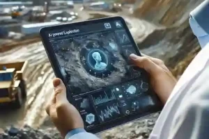 Mining Technology Developments A close up view of an AI powered exploration tool analyzing geological data on a tablet screen
