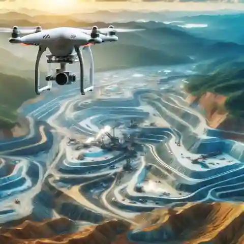 Mining Technology Developments An aerial view of a mining site being surveyed by drones equipped with cameras and sensors