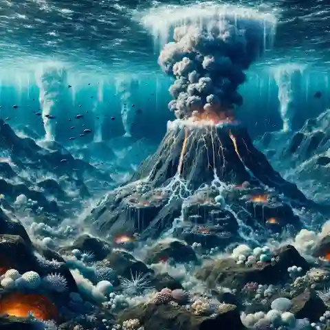 An underwater scene showing a volcano erupting beneath the ocean with hot, mineral rich water seeping through volcanic rocks and forming VMS Deposits in The World