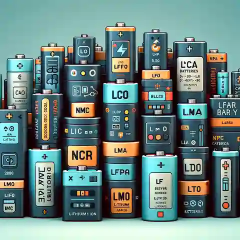Different Types of Lithium ion Batteries A diverse array of lithium ion batteries representing types such as LCO, NMC, NCA, LFP, LMO, and LTO