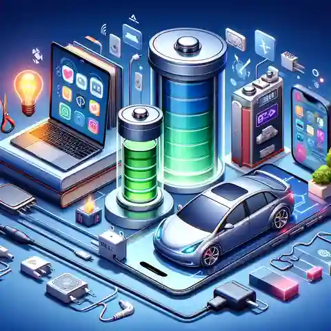 Different Types of Lithium ion Batteries A scene depicting various applications of lithium ion batteries in devices