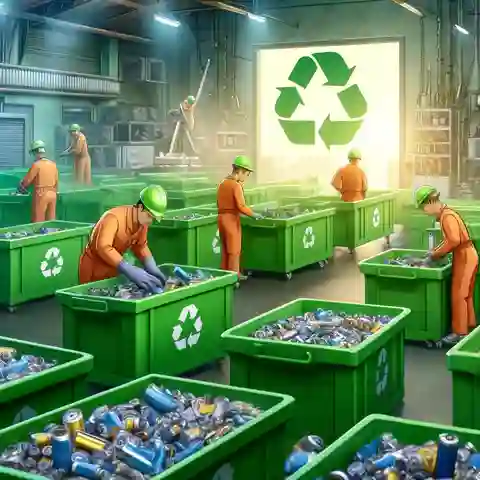 Different Types of Lithium ion Batteries An environmental scene showing the recycling process of lithium ion batteries