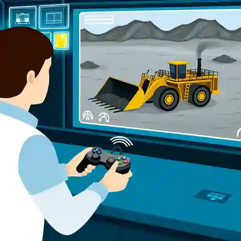 Illustration of a Remote Control Mining Equipment using a video game controller to operate a large bulldozer remotely