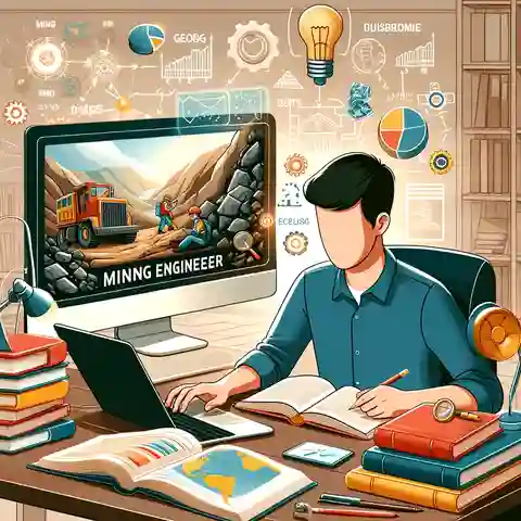 Illustration of a student studying with books and a computer, focused on mining engineering subjects like geology, math, and physics