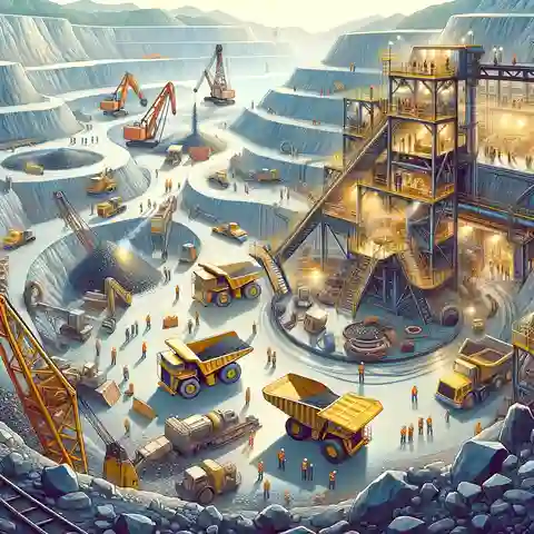 VMS Deposits in The World A mining scene depicting open pit and underground mining methods used to extract VMS deposit